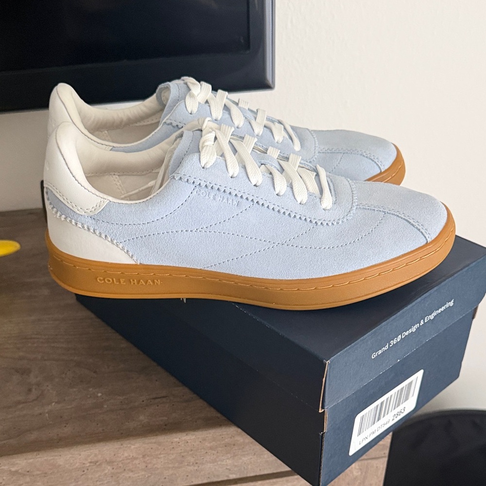 Cole Haan Women’s Light Blue Suede Sneakers with White Trim and Gum Sole